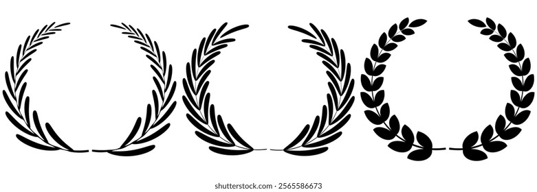 Vector black laurels set. Circular foliate laurels branches. Laurel wreath silhouette. Trophy crest. Greek olive branch award, winner round emblem