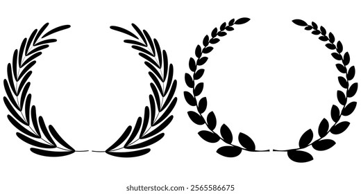 Vector black laurels set. Circular foliate laurels branches. Laurel wreath silhouette. Trophy crest. Greek olive branch award, winner round emblem