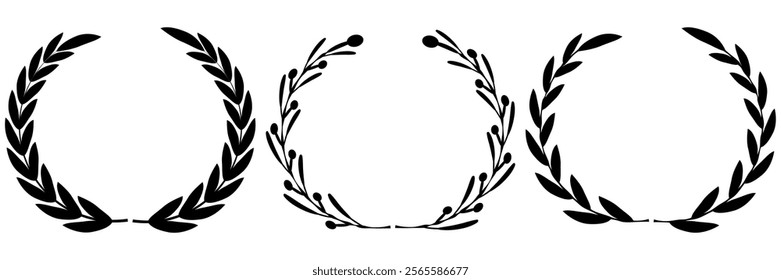 Vector black laurels set. Circular foliate laurels branches. Laurel wreath silhouette. Trophy crest. Greek olive branch award, winner round emblem