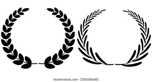 Vector black laurels set. Circular foliate laurels branches. Laurel wreath silhouette. Trophy crest. Greek olive branch award, winner round emblem