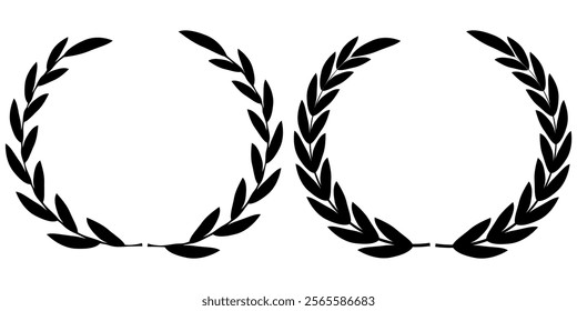 Vector black laurels set. Circular foliate laurels branches. Laurel wreath silhouette. Trophy crest. Greek olive branch award, winner round emblem