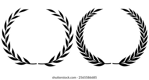 Vector black laurels set. Circular foliate laurels branches. Laurel wreath silhouette. Trophy crest. Greek olive branch award, winner round emblem