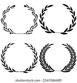 Vector black laurels set. Circular foliate laurels branches. Laurel wreath silhouette. Trophy crest. Greek olive branch award, winner round emblem