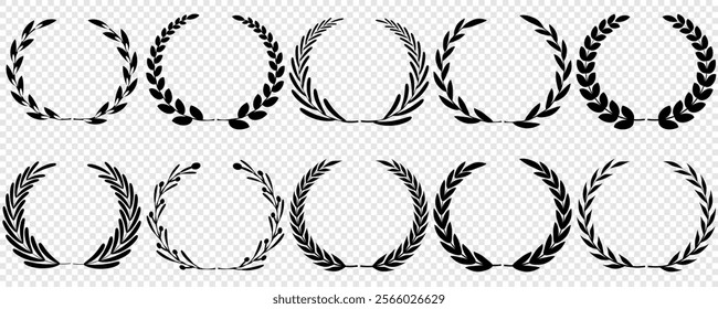 Vector black laurels set. Circular foliate laurels branches. Laurel wreath silhouette. Trophy crest. Greek olive branch award, winner round emblem