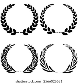 Vector black laurels set. Circular foliate laurels branches. Laurel wreath silhouette. Trophy crest. Greek olive branch award, winner round emblem