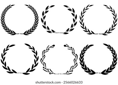 Vector black laurels set. Circular foliate laurels branches. Laurel wreath silhouette. Trophy crest. Greek olive branch award, winner round emblem