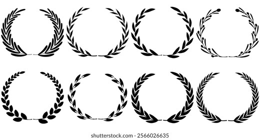 Vector black laurels set. Circular foliate laurels branches. Laurel wreath silhouette. Trophy crest. Greek olive branch award, winner round emblem