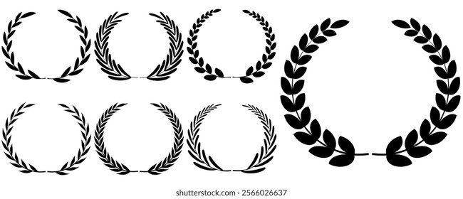 Vector black laurels set. Circular foliate laurels branches. Laurel wreath silhouette. Trophy crest. Greek olive branch award, winner round emblem