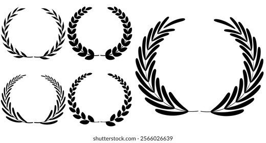 Vector black laurels set. Circular foliate laurels branches. Laurel wreath silhouette. Trophy crest. Greek olive branch award, winner round emblem