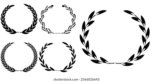 Vector black laurels set. Circular foliate laurels branches. Laurel wreath silhouette. Trophy crest. Greek olive branch award, winner round emblem