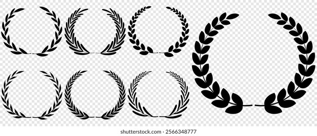 Vector black laurels set. Circular foliate laurels branches. Laurel wreath silhouette. Trophy crest. Greek olive branch award, winner round emblem