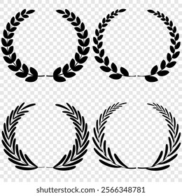 Vector black laurels set. Circular foliate laurels branches. Laurel wreath silhouette. Trophy crest. Greek olive branch award, winner round emblem