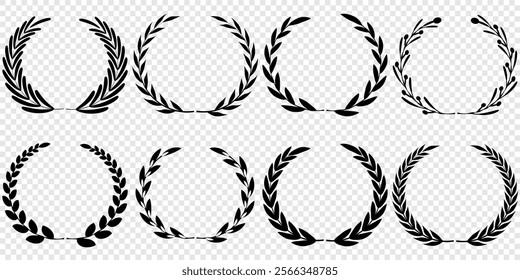 Vector black laurels set. Circular foliate laurels branches. Laurel wreath silhouette. Trophy crest. Greek olive branch award, winner round emblem