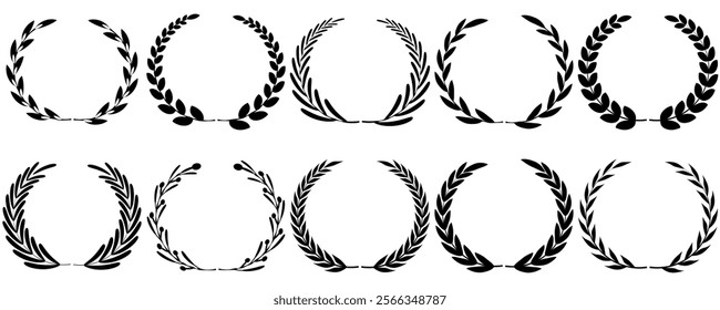 Vector black laurels set. Circular foliate laurels branches. Laurel wreath silhouette. Trophy crest. Greek olive branch award, winner round emblem