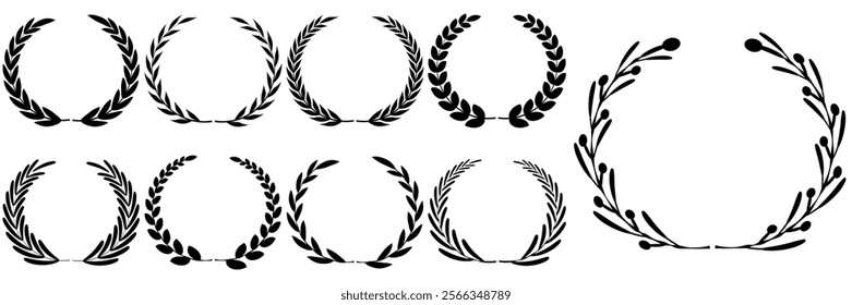 Vector black laurels set. Circular foliate laurels branches. Laurel wreath silhouette. Trophy crest. Greek olive branch award, winner round emblem