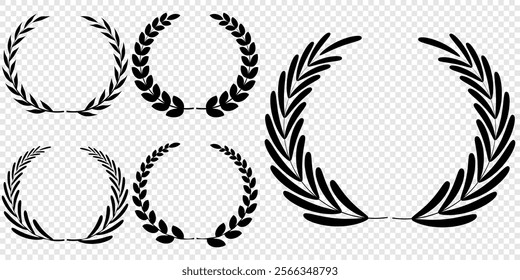 Vector black laurels set. Circular foliate laurels branches. Laurel wreath silhouette. Trophy crest. Greek olive branch award, winner round emblem