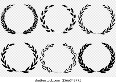 Vector black laurels set. Circular foliate laurels branches. Laurel wreath silhouette. Trophy crest. Greek olive branch award, winner round emblem