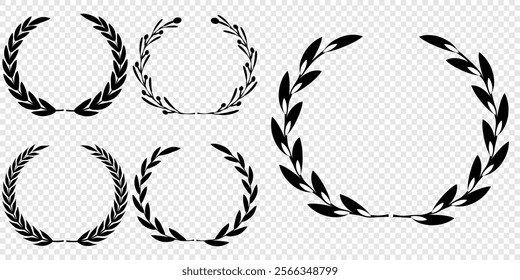 Vector black laurels set. Circular foliate laurels branches. Laurel wreath silhouette. Trophy crest. Greek olive branch award, winner round emblem