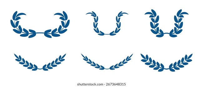Láureos pretos vetoriais ajustados. Ramos de louros folhosos circulares. Silhueta de coroa de louro. Crista do troféu. Prêmio do ramo de oliveira grego, emblema redondo vencedor