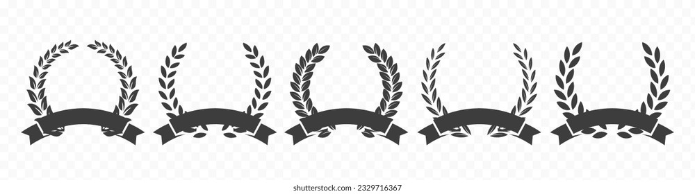 Vector black laurels set. Foliate laurels branches with ribbons. Laurel wreath silhouette. Trophy crest. Greek olive branch award, winner round emblem