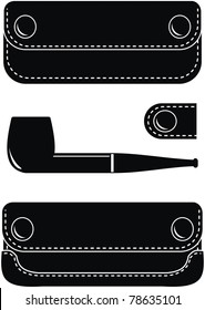 Vector black leather trendy stylish pipe case, pipe and key case - set, isolated illustration  on white background