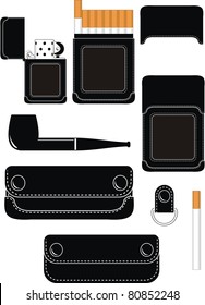 Vector black leather trendy stylish set of smoking and keys accessories - pipe, gas lighter, cigarette case, pipe and key cases - isolated illustration on white background