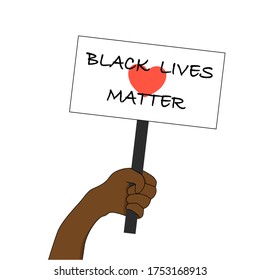 Vector - Black left hand holding badge and wording Black lives matter and red heart. Stop racism concept. All life is equal.