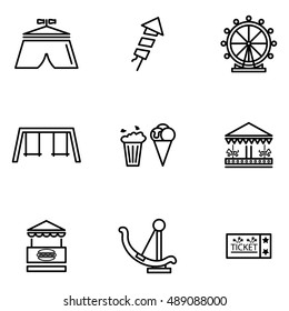Vector black line Amusement Park icons set on white background