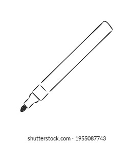 Vector black line art, hand drawn sketch on white background, isolated object of school supplies writing and drawing tools, pens, pencils, brushes, markers, felt-tip pen, etc, back to school theme.