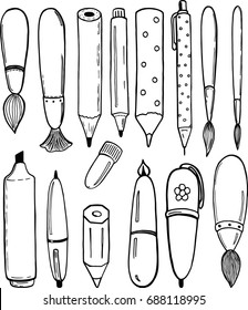 Vector black line art, hand drawn sketch on white background, isolated object of school supplies writing and drawing tools, pens, pencils, brushes, markers, felt-tip pen, etc, back to school theme.