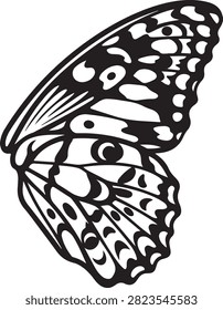 Vector black line art illustration featuring a detailed side profile of a butterfly wing Lepidoptera showing intricate vein patterns and spots, isolated on a white background.
