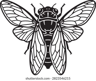 Vector black line art illustration featuring a top view cicada Cicadidae insect showing detailed veined wings, robust body, and compound eyes, isolated on a white background.
