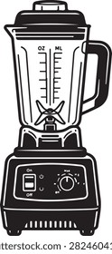 Vector black line art illustration featuring a electric countertop kitchen blender with clear jar glass pitcher, lid, control dial, and base unit, isolated on a white background.

