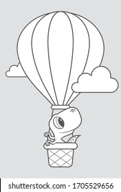 Vector black line baby dinosaur flying balloon. Light grey background.