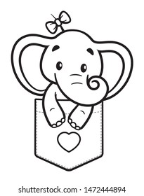 Vector black line baby elephant in breast pocket T-Shirt. Isolated on white background
