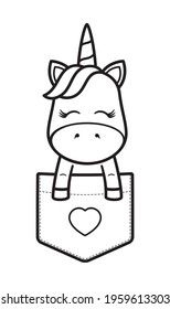 Vector black line baby unicorn in breast pocket T-Shirt. Isolated on white background