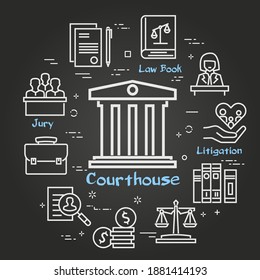 Vector black line banner of legal proceedings - courthouse icon