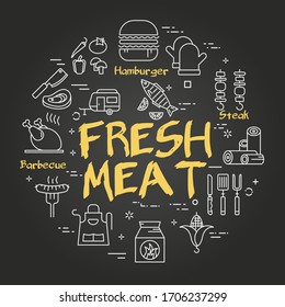 Vector black line banner for picnic and barbecue party - fresh meat