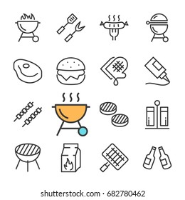 Vector black line Barbecue icons set. Includes such Icons as BBQ, Grill, Beer, Meat.