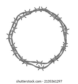 Vector black line barbed wire tangled in a circle. Isolated on white background.