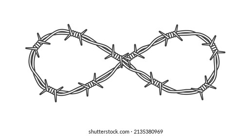 Vector black line barbed wire tangled in symbol endless. Isolated on white background.