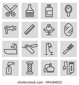 Vector black line barber icons set on grey background