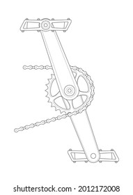 Vector black line bicycle crank with chain and pedals. Isolated on white background.