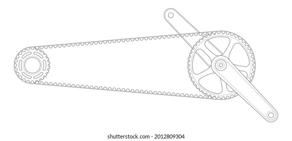 Vector black line bicycle crank with belt drives. Isolated on white background.
