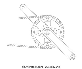 Vector black line bicycle crank with belt drives. Isolated on white background.