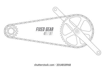 Vector black line bicycle crank with chain. Fixed gear. Single Speed. Isolated on white background.
