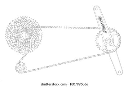 Vector black line bicycle drivetrain cranks with chain. Isolated on white background.