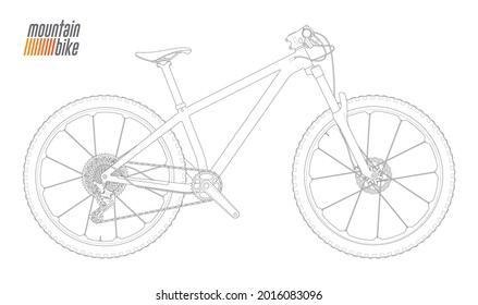 Vector black line bicycle. Mountain bike. Brown background.