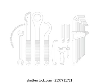 Vector Black Line Bicycle Repair Tools. Isolated On White Background.