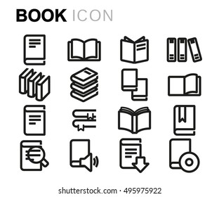 Vector black line book icons set on white background